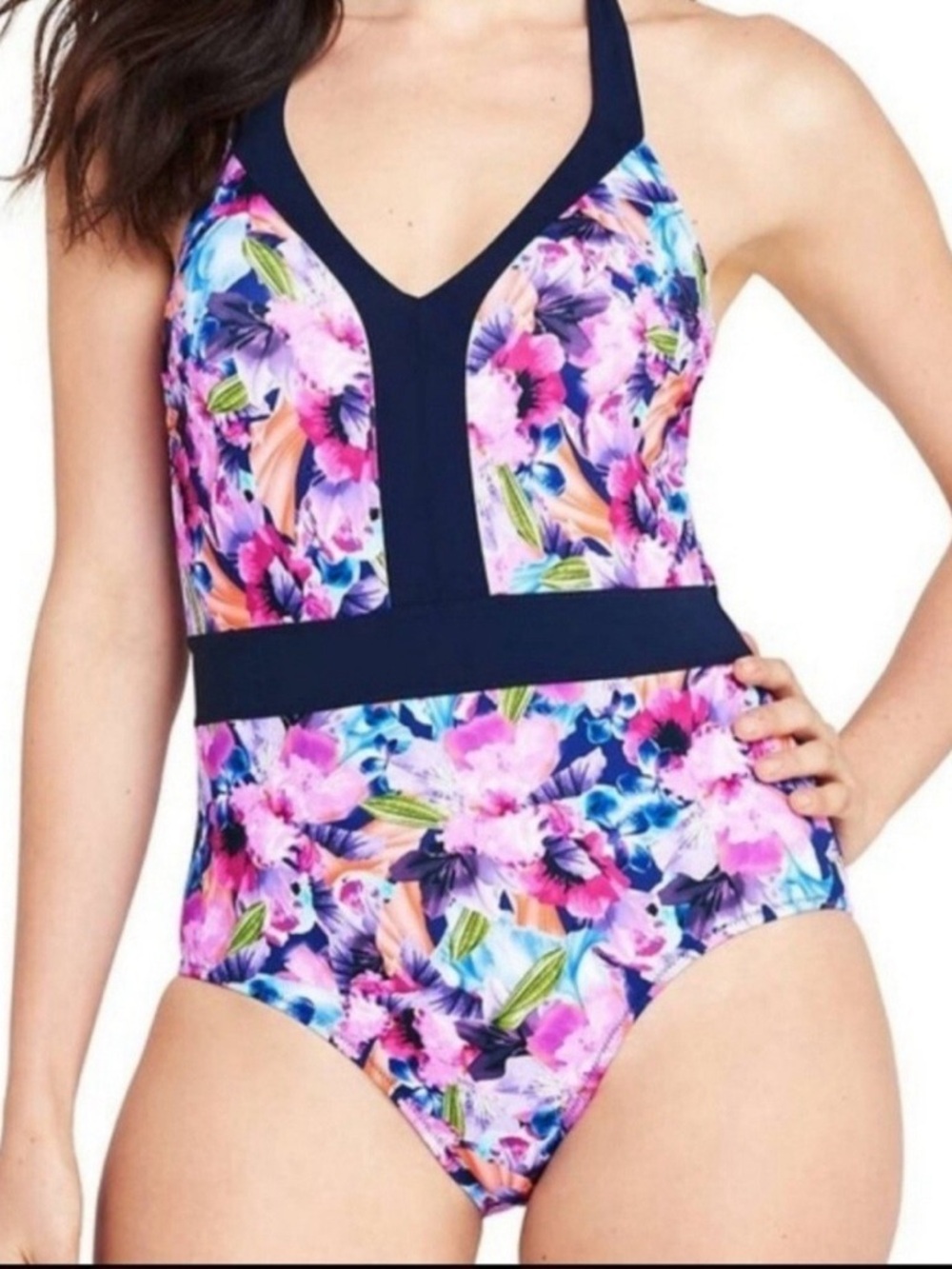 Lands’ End Women's One-Piece Multicolor Floral Halter Swimsuit Size 12 Tropical